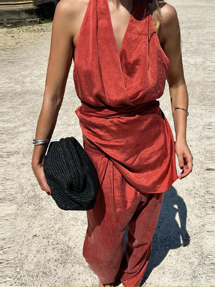 Vintage Halter Backless Top Pants Set for Women Elegant Lace up V-neck Vests Trousers Fashion Casual Solid Color Women‘s Sets