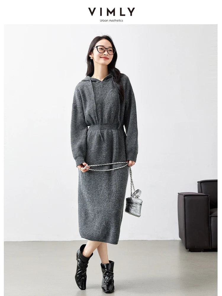 VIMLY Women's Office Lady Dresses Autumn Winter Hooded knit Sweaters Dress Long Sleeved Casual Loose Elegant Casual Vestidos