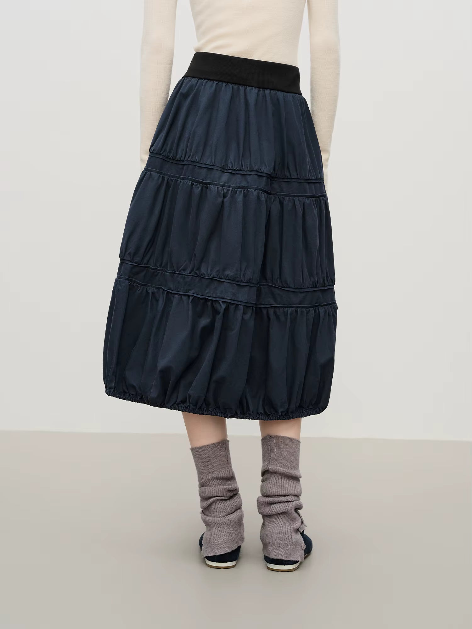 Washed Blue Patchwork Pleated Half Skirt Women's Winter 2025 New Arrival Drawstring Oversized Skirt 100% Cotton Skirts