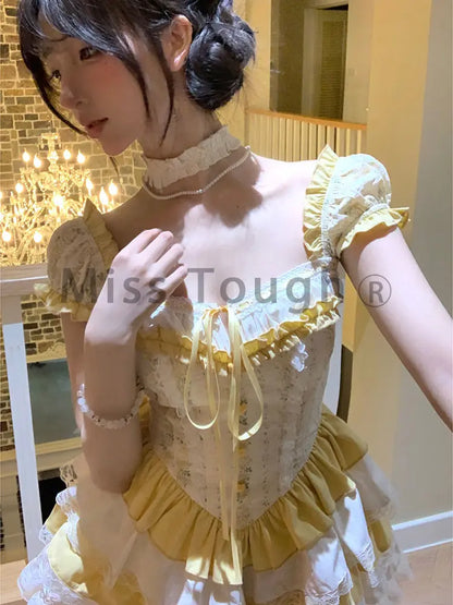 Y2k Vintage Chic Lace Up Party Dress Women Bow Elegant One Piece Dress Female Princess Sleeveless Slim Sweet Mini Dress Summer