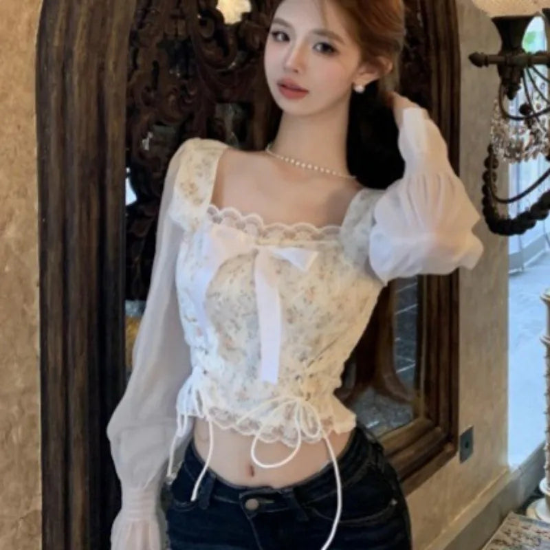 Square Collar Blouses for Women Long Sleeve Thin Summer Female Korean Style Slim All-match Casual Breathable Young Girls Lace-up