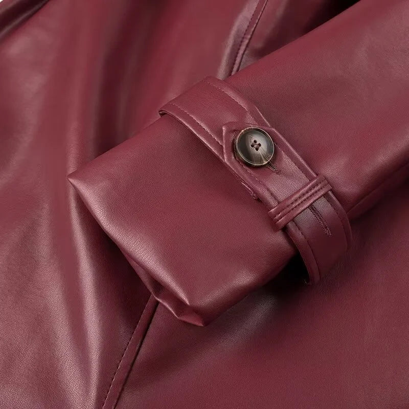 KEYANKETIAN 2024 New Launch Women's Burgundy Faux Leather Coat Retro Fashion With Belt Pockets Loose Extended Overcoat Outerwear