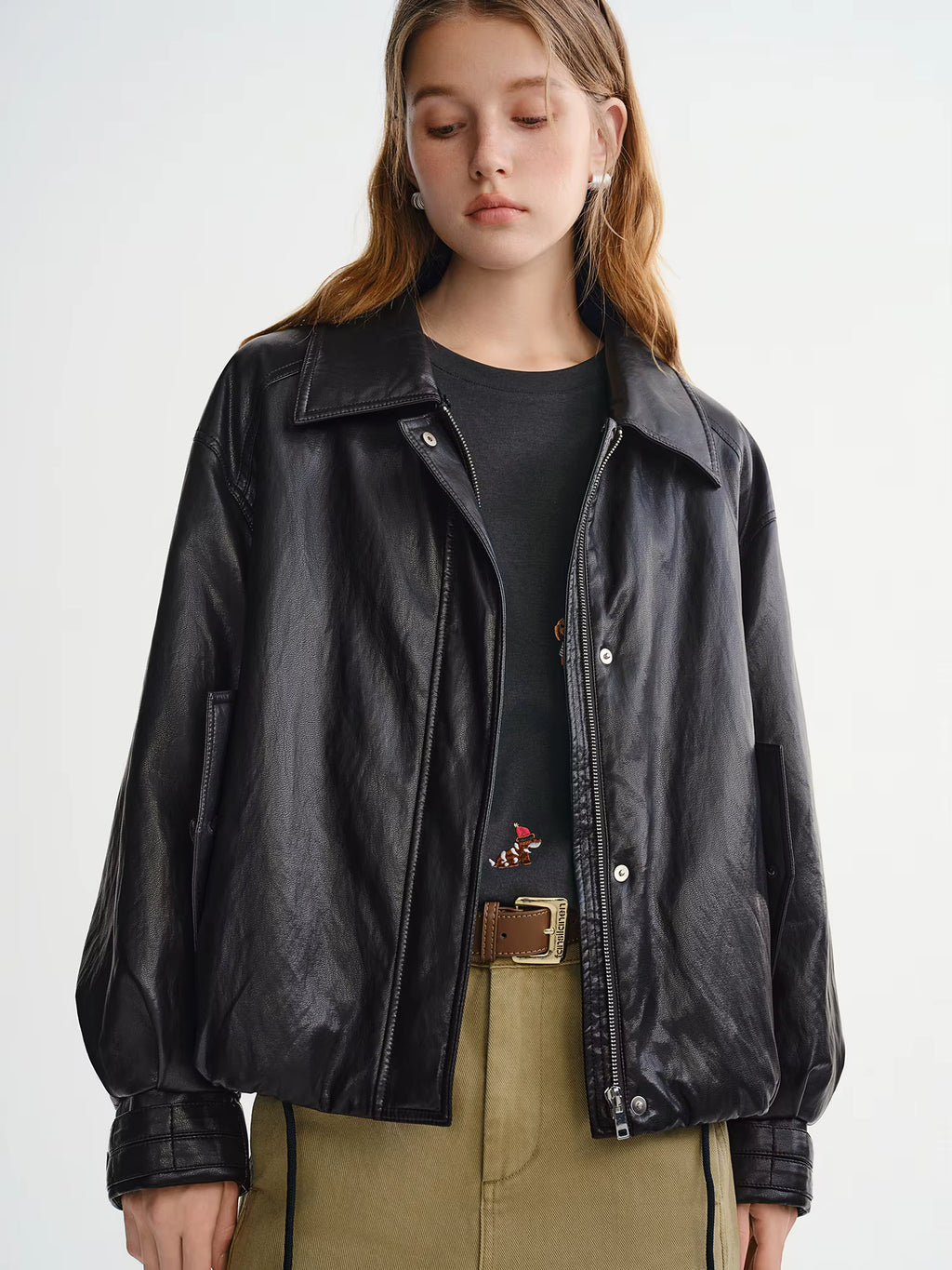 Winter 2025 Women's Notch Lapel Protein Leather Down Jacket - White Duck Down Fill for Warm and Casual Winter Wear