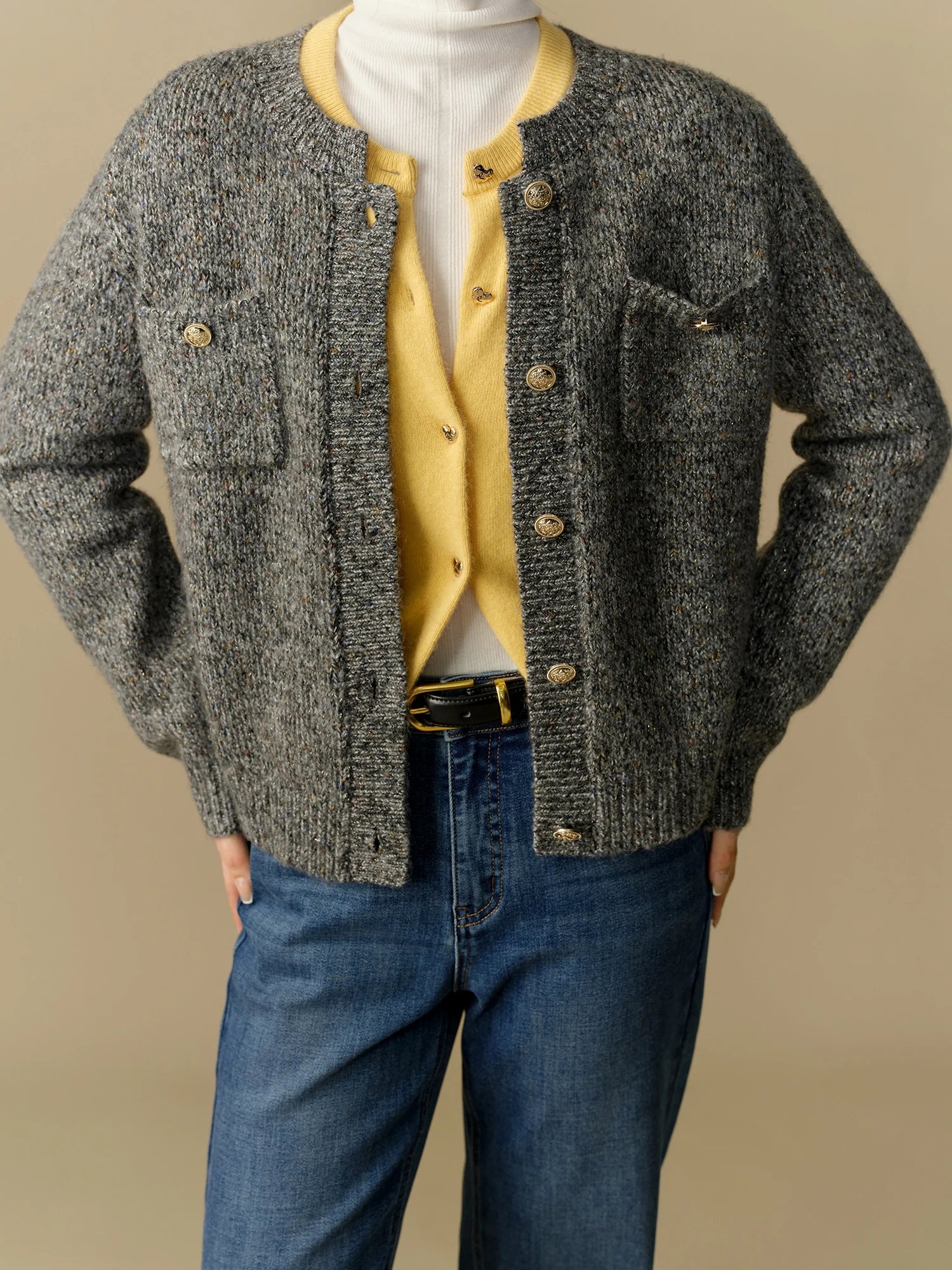 DUSHU Women's Round Neck Knitted Cardigan 2024 Winter New Product Commuting Fashion Sweater Jacket for Women 24DS84155