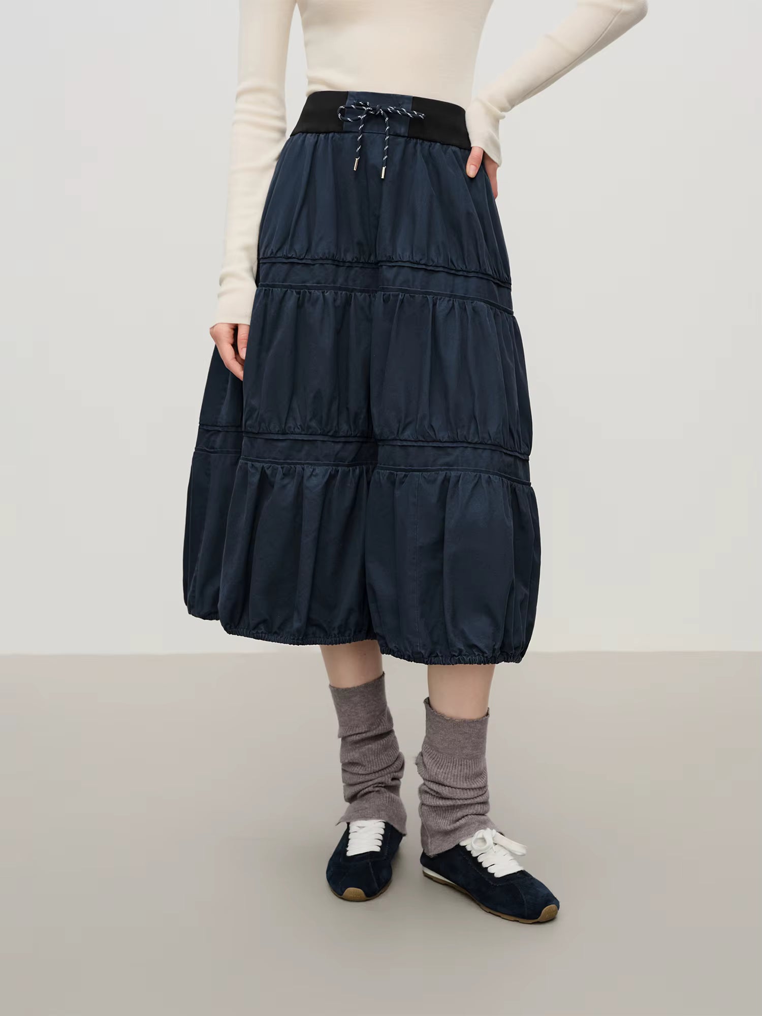 Washed Blue Patchwork Pleated Half Skirt Women's Winter 2025 New Arrival Drawstring Oversized Skirt 100% Cotton Skirts