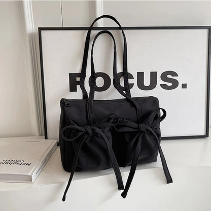 2024 New Korean Bow Nylon Shoulder Bag Fashionable and Sweet Design Tote Bag Folded Large Capacity Commuter Women's Handbag