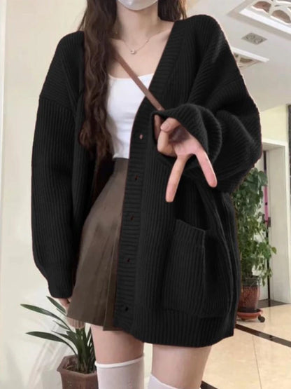 Loose Cardigan Women Long Sleeve V-neck Knitted Black Slouchy All-match Female Autumn Winter Coats Korean Style Chic Baggy Tops