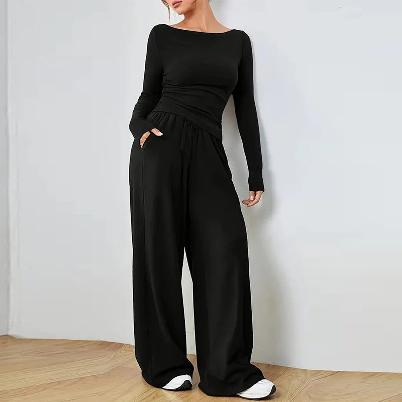 Women Two Piece Sets Pajama Set Sexy V-neck Long Sleeve Shirts Loose High Waist Wide Leg Pant Sets Lady Sleepwear Tracksuits
