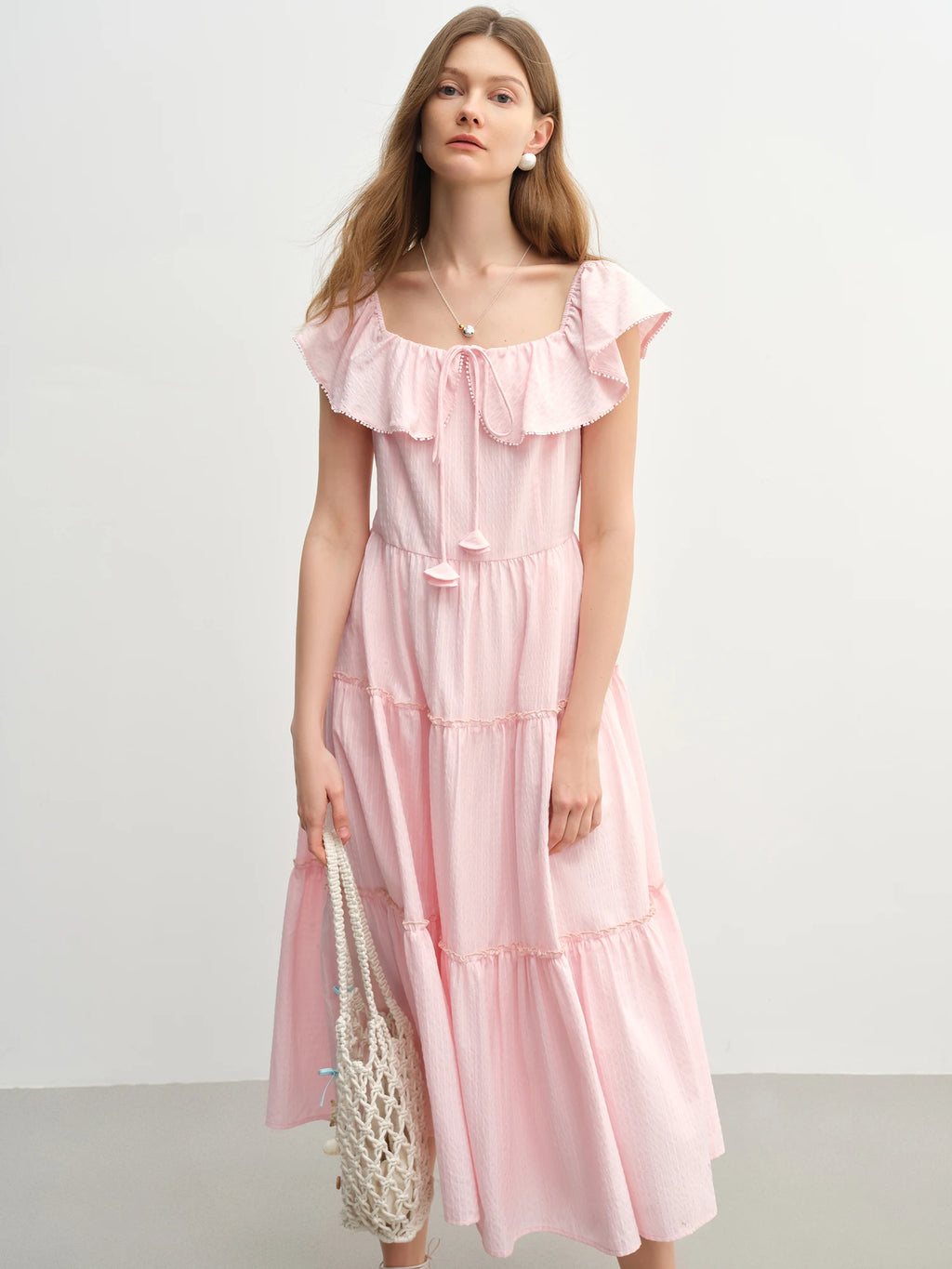 DUSHU Plus Size Ruffled Cake Shape Pink White Dress For Women 2025 Summer New Arrival Elegant French Style Long Dress