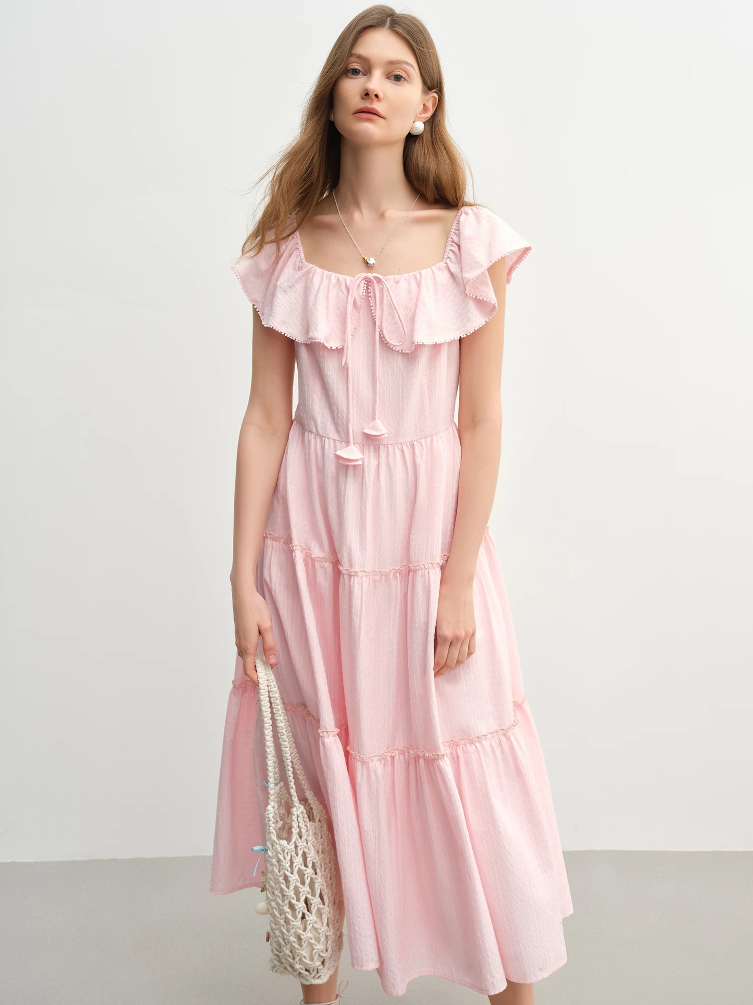 DUSHU Plus Size Ruffled Cake Shape Pink White Dress For Women 2025 Summer New Arrival Elegant French Style Long Dress