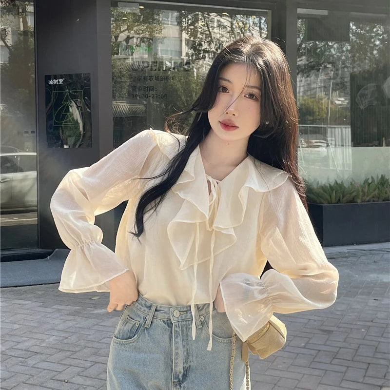 GIDYQ Women Solid Shirt Korean Office Ladies Half Open Collar Pullover Blouse Summer Loose Sweet All Match Chic Female Tops New