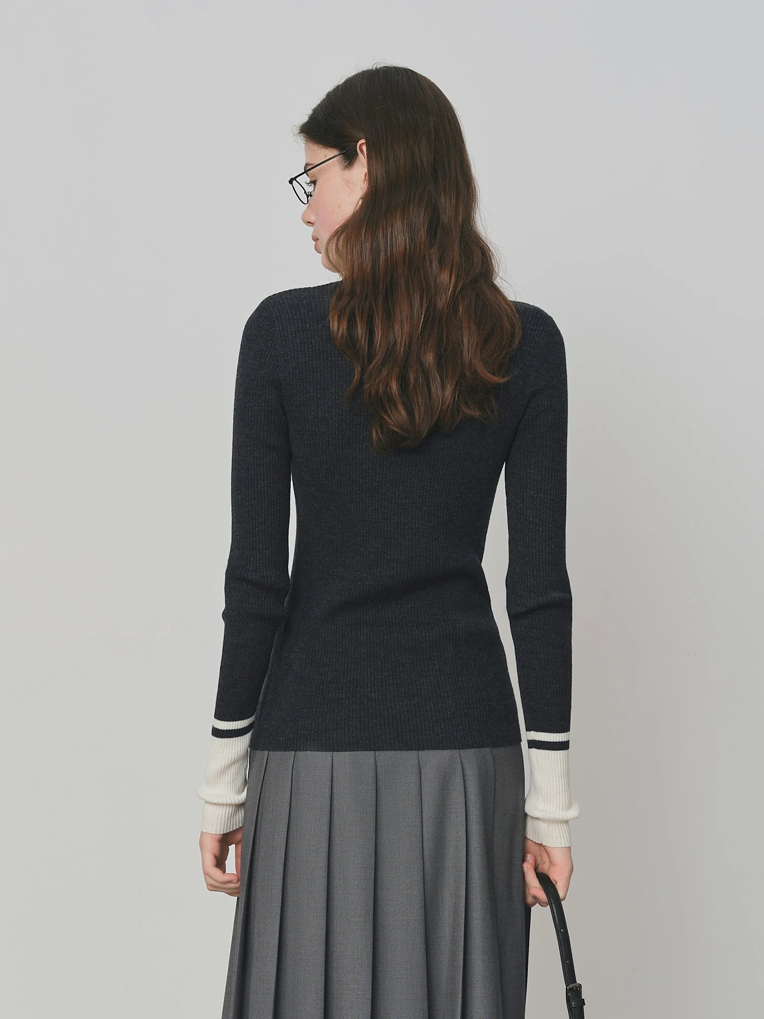 FSLE Wool Simple Temperament Contrast Color Henry Collar Sweater 2025 Autumn New Style Inner Wear