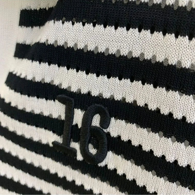 Women Short Sleeve Striped Polo Shirts Summer T-shirt Hollow Out Contrast Colors Patchwork Korean Fashion Casual Versatile Tops