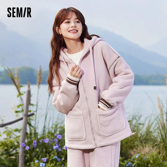 Semir Coat Women Imitation Lamb Wool Polar Fleece Cardigan Loose 2023 Winter New Hooded Reversible Plus Fleece Jacket