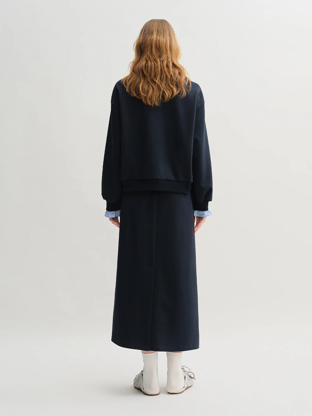 DUSHU Plus Size Navy Blue Long Sleeve Top Skirt Fashion Set 2025 Autumn New Arrival Splicing Sweater Skirt