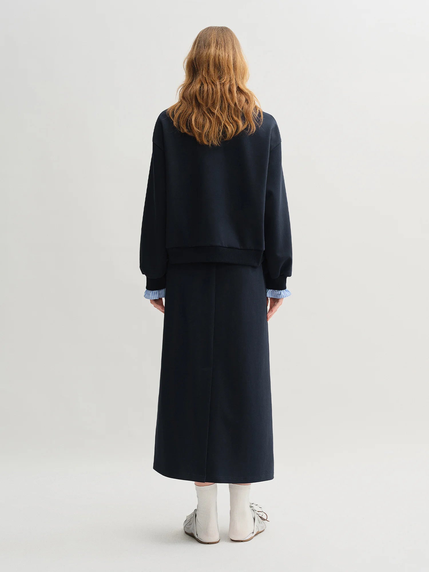 DUSHU Plus Size Navy Blue Long Sleeve Top Skirt Fashion Set 2025 Autumn New Arrival Splicing Sweater Skirt