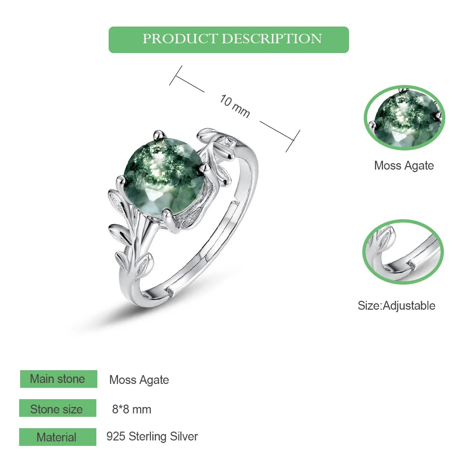 WES 100% 925 Sterling Silver Natural Stone Adjustable 8*8mm Olive Branch Moss Agate Rings For Woman Certified Wedding Jewelry