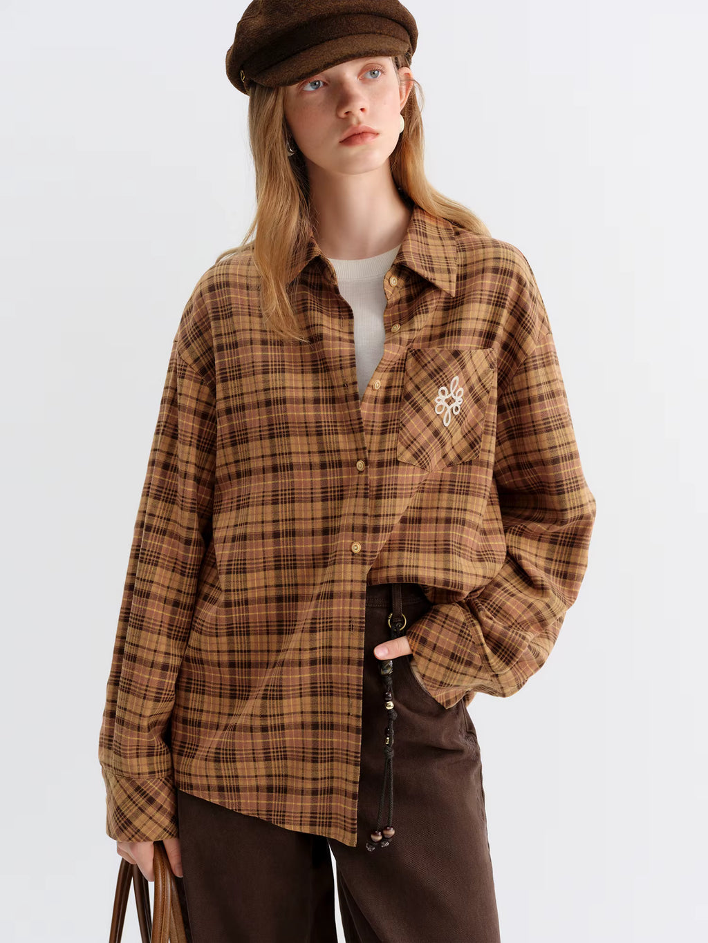 Brushed Plaid Shirt Women's Winter 2025 New Long Sleeve Plaid Retro Embroidery Shirt Classic Leisure Loose Tops