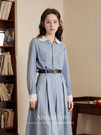 ALXNAN Women Blue Striped Dress 2024 Autumn Preppy Style A-line Lace Spliced Lapel Collar Long Sleeve Women Dresses A00122