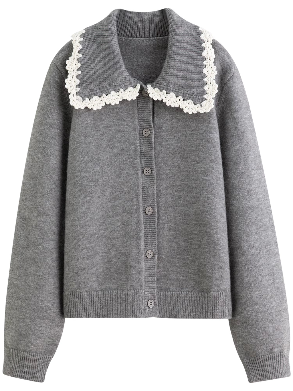 Women's Fashion Embroidery Hook Flower Knit Cardigan with Sweet Lace Edges Turned-Up Collar Flattering Sweater Cardigan
