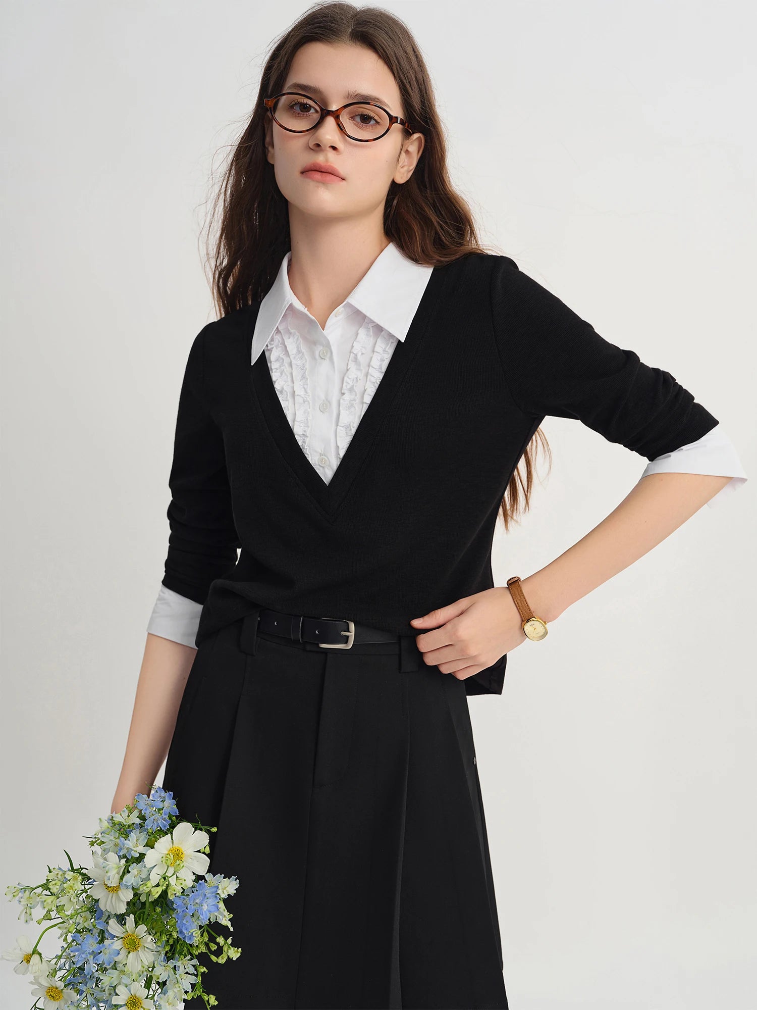 Plus Size Women's Fake Two-piece Long-sleeved Patchwork Shirt 2025 Autumn New Arrival Knitted Pullover Fashion Commute Top