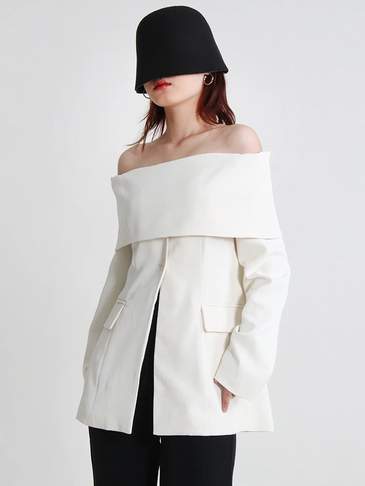 TWOTWINSTYLE Minimalist Solid Slash Neck Blazer For Women Long Sleeve Off Shoulder Straight Blazers Female Clothing New Fashion