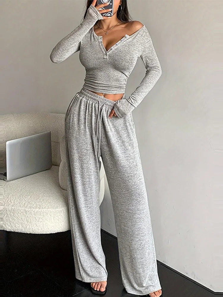 Women Two Piece Sets Pajama Set Sexy V-neck Long Sleeve Shirts Loose High Waist Wide Leg Pant Sets Lady Sleepwear Tracksuits