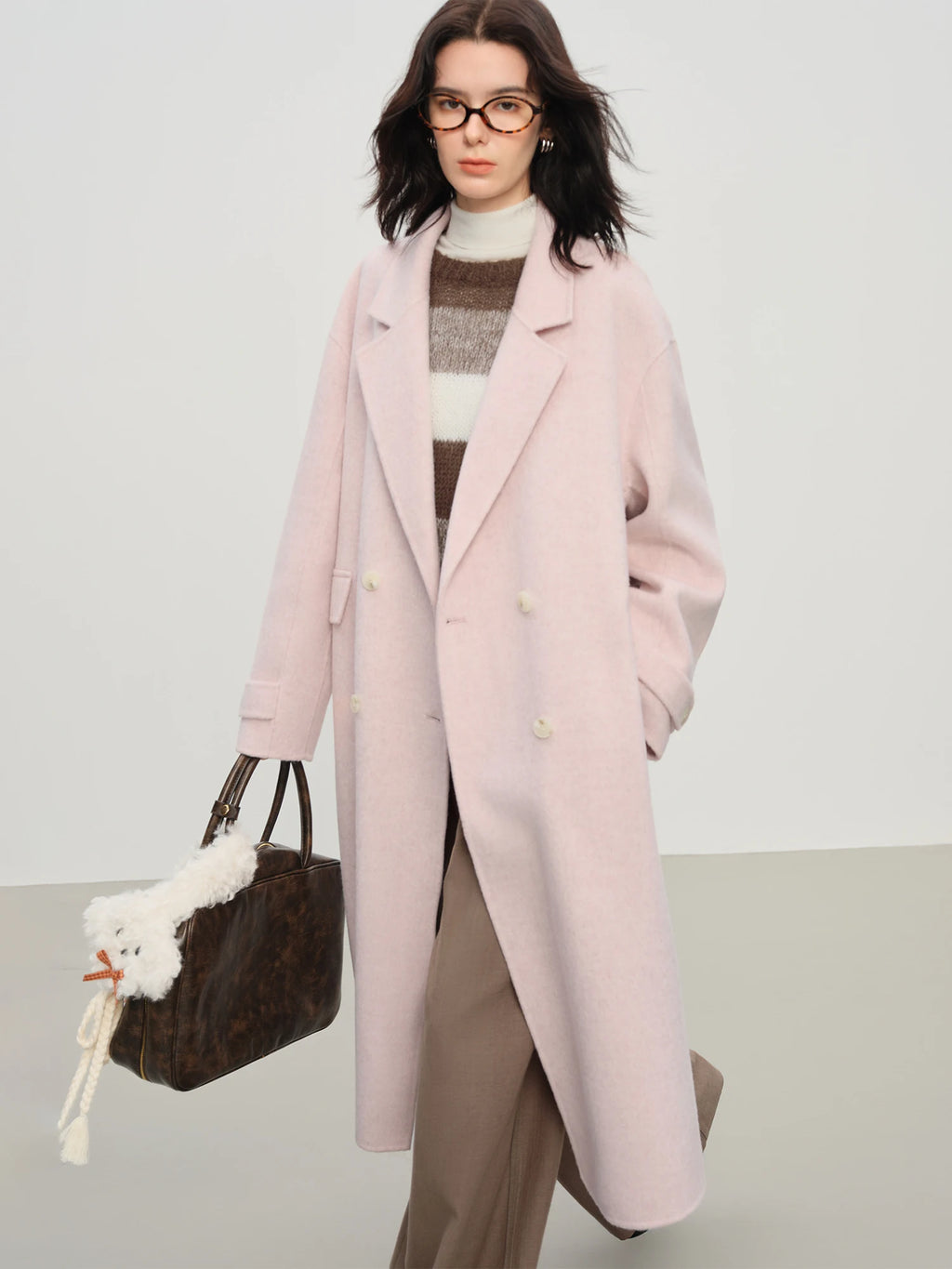 Women's Pure Wool Double Breasted Coat - Classic Mid-Length Winter Trench Warm Elegant Overcoat