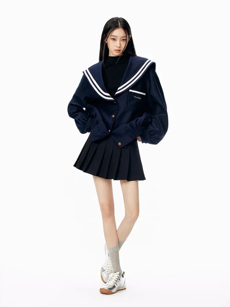 ADAgirl Vintage Sailor Collar Jacket Women Patchwork Long Sleeve Oversize Coat Preppy Style Uniform Old Money Aesthetics Outfits
