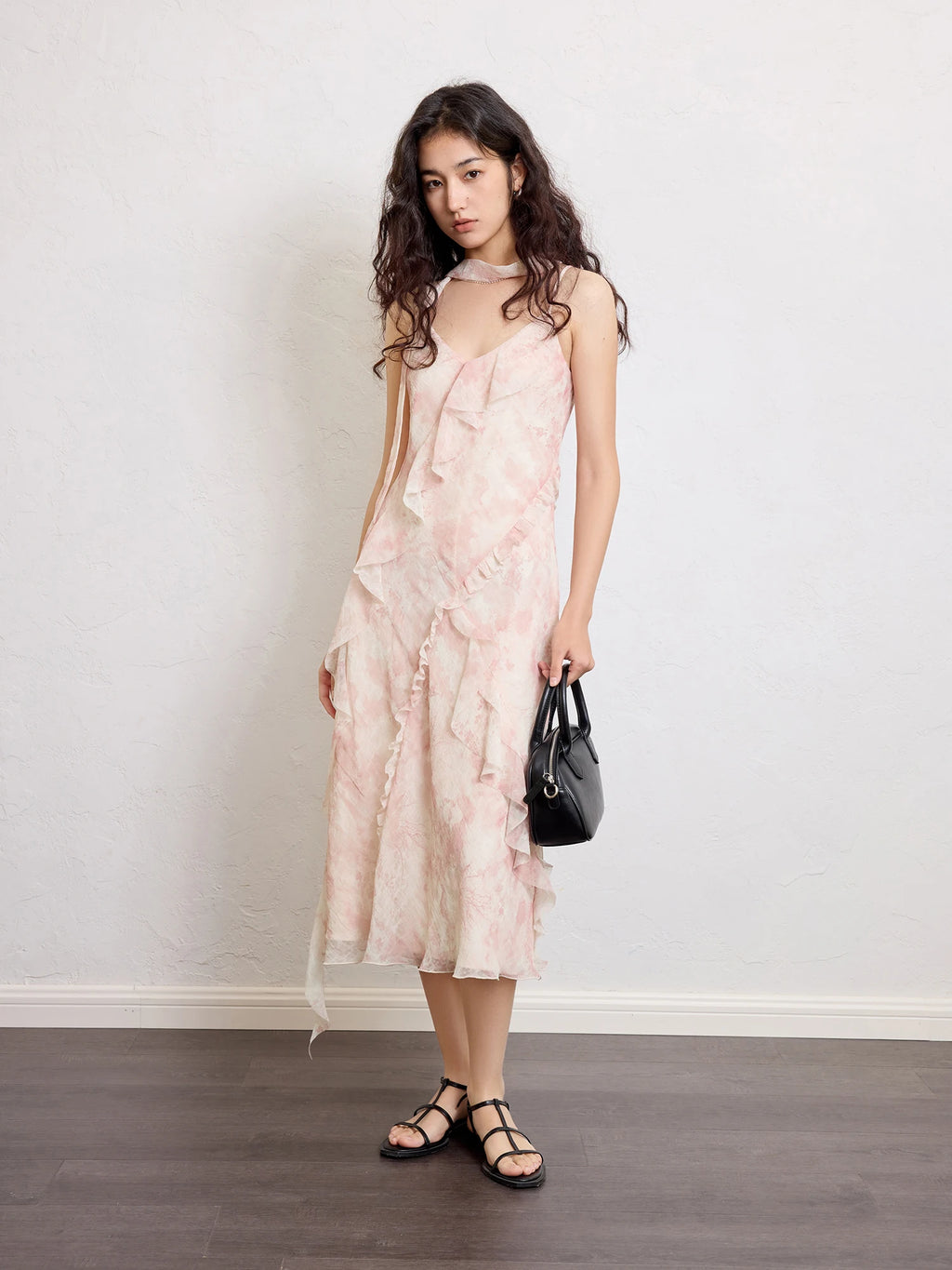 ZIQIAO【2 Vesions】Women Chiffon Strappy Long Dress 2025 Summer New Fly Sleeve Polyester Floral Dresses