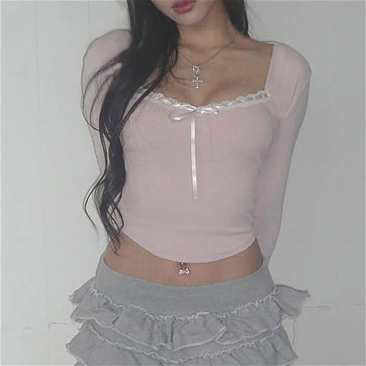 Cute Bandage Bow Cropped Top Pink Sweet Coquette Sweet T Shirts Fall Spring Casual Square Collar Tees Women