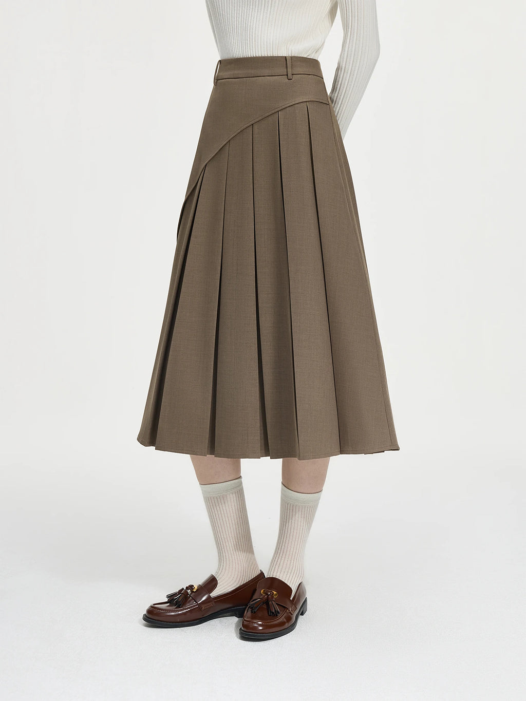 FSLE Women Winter Skirts Asymmetric Design Female Brown Pleated A-LINE Skirt Winter Thicken Long Twill Skirt 24FS14622