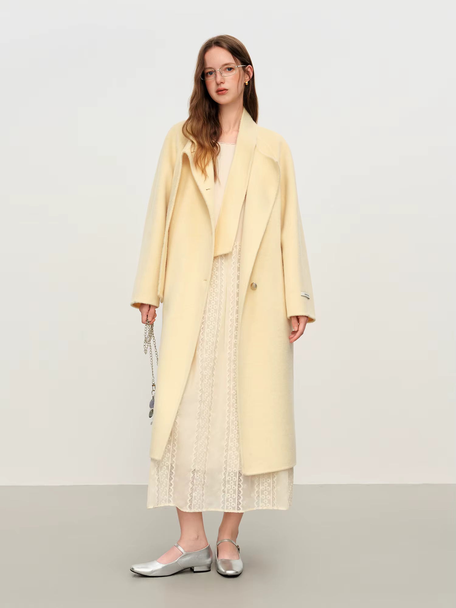 Winter 2025 Women Stand Collar Tie Detail Double Faced Wool Blend Coat - Long Length Elegant Outerwear for Casual Winter