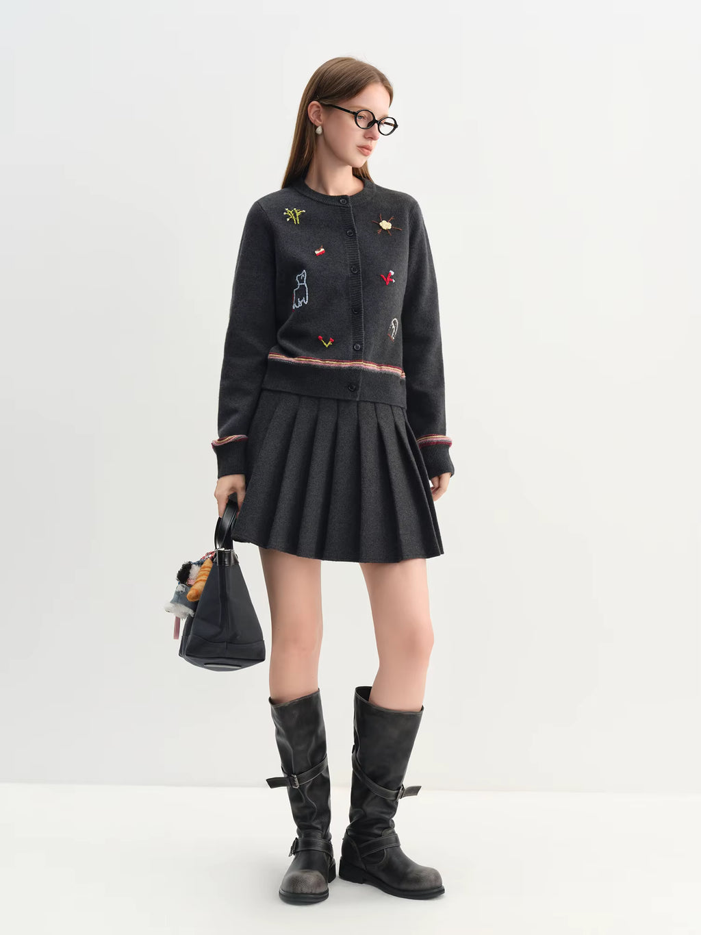 2025 Winter Women's Cute Knit Cardigan Round Neck Hand Embroidered Casual Top Soft Yarn Open Front Sweater Daily Loungewear