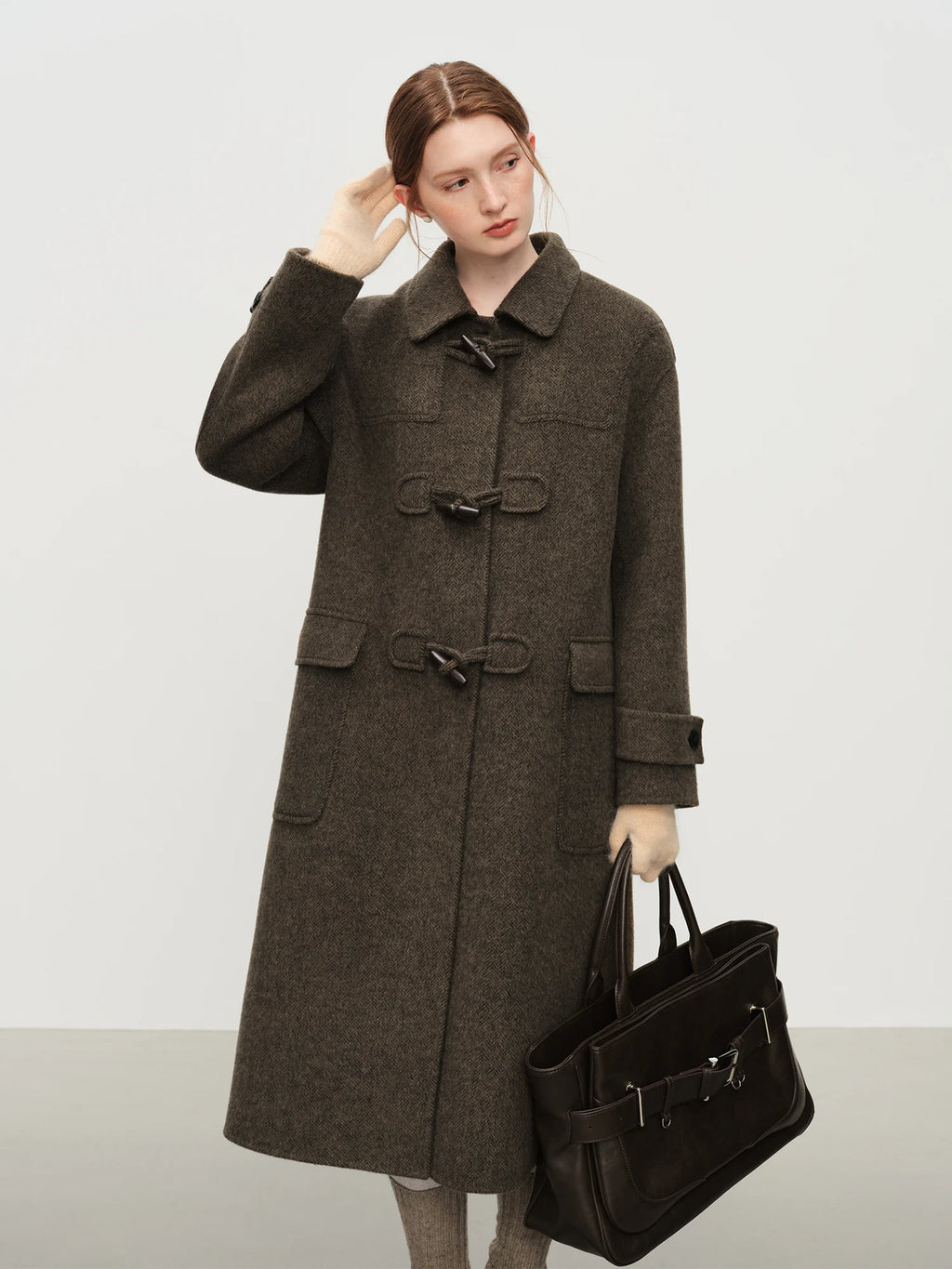 FSLE Retro Academic Herringbone Double-Faced Tweed Coat for Women Winter 2025 New Arrival Oversized Jacket Outerwear Blends