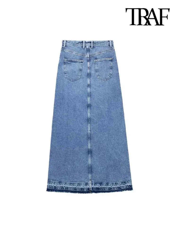 TRAF Women Fashion With Pockets Front Slit Denim Midi Skirt Vintage High Waist Zipper Fly Female Skirts Mujer