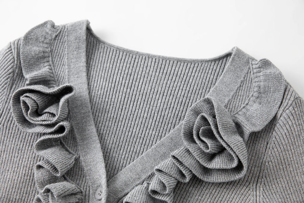 French 3D Flower Knit Sweater Two-Piece Fall Winter Slimming V-Neck Sweater Skirt Outfit Set Matching Sets Grey Skirts