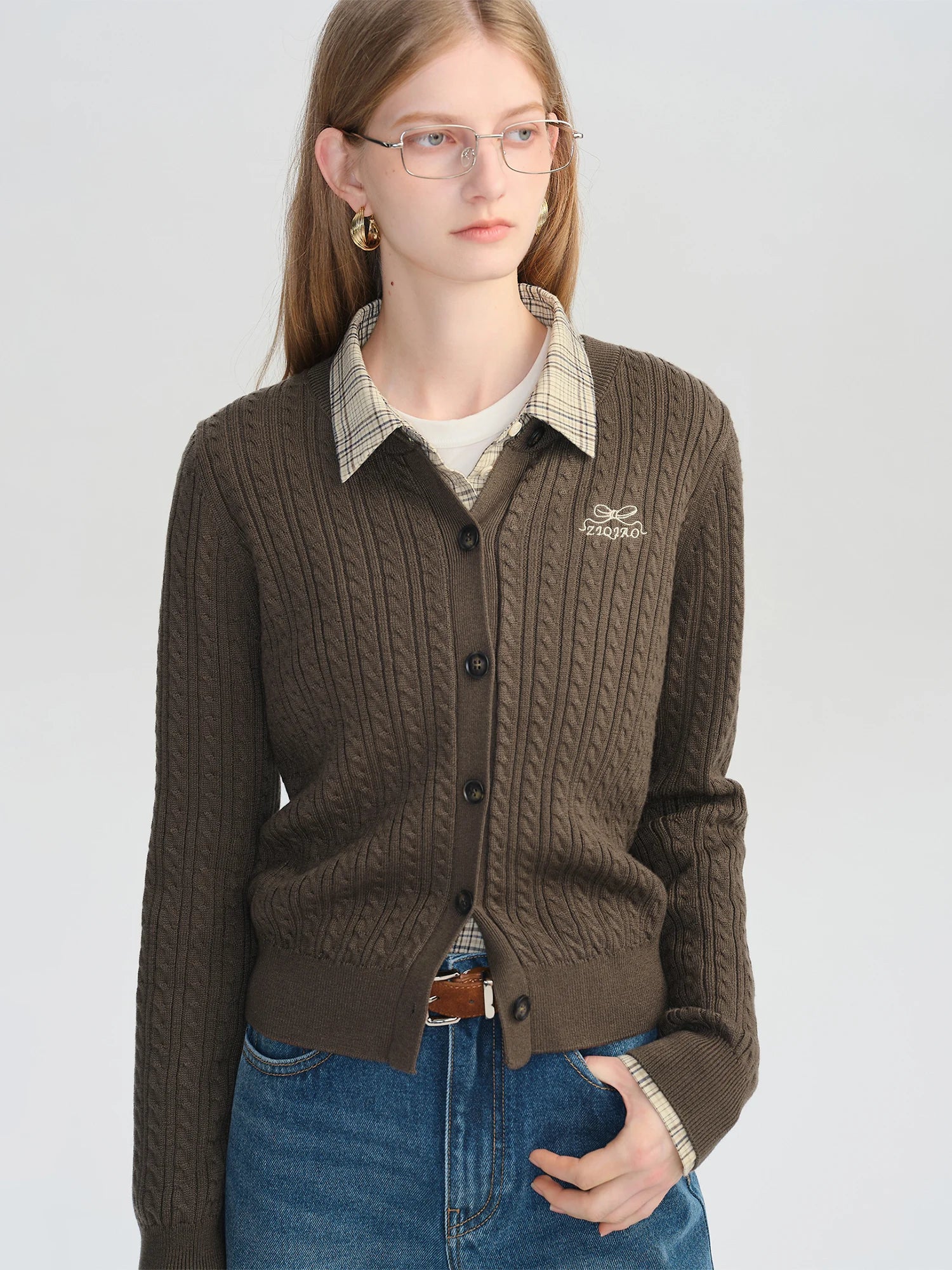 ZIQIAO Petite Women Retro Brown MIU-Style Round Neck Knit Open Cardigan 2025 Autumn New Style Layerable Knit Sweater