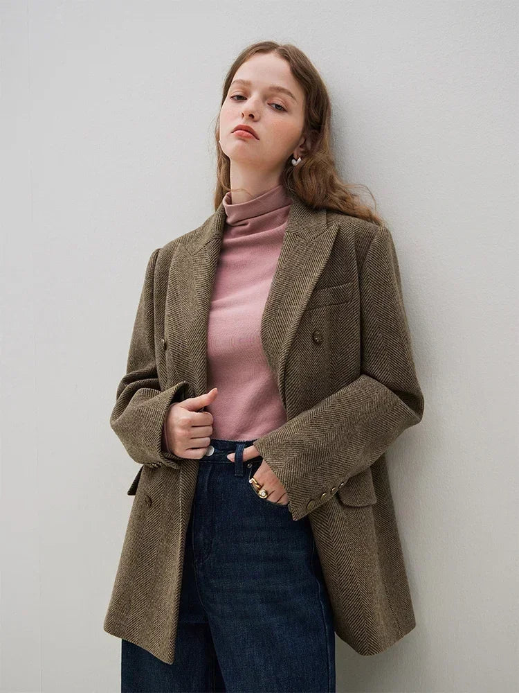 FSLE 100% Wool Brown Temperament Blazer Skirt Set Notched Collar Double Brested Wool Jackets Front Spilt Women Long Wool Skirt