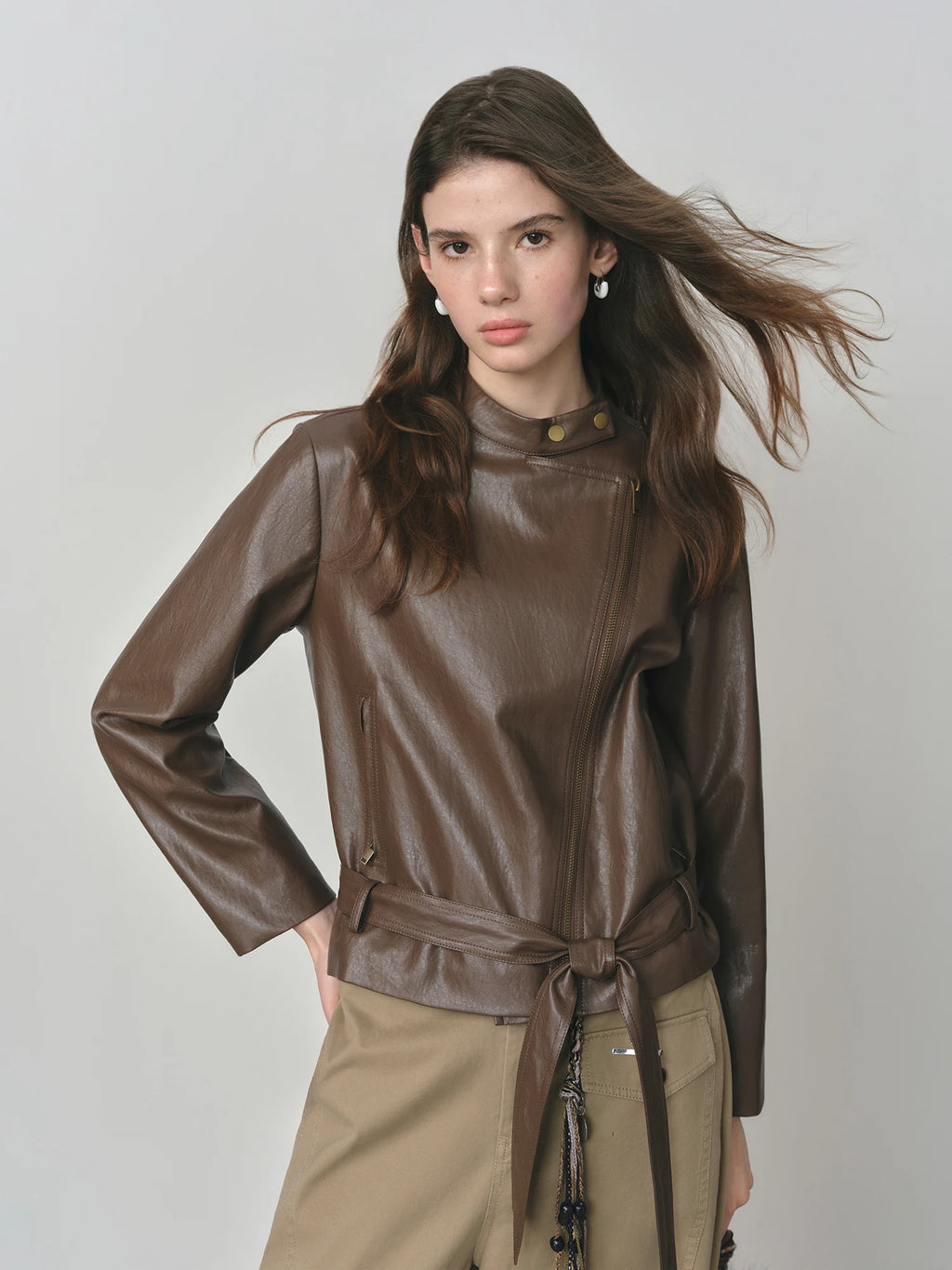 FSLE Maillard Dark Brown Short PU Leather Jacket for Women Autumn 2025 New Arrival Style Casual Slim Chic Coat Y2K