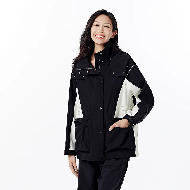 Semir Jacket Women Mid-Length Color Block Three-Proof Jacket 2024 New Autumn Cool Loose Hooded Top