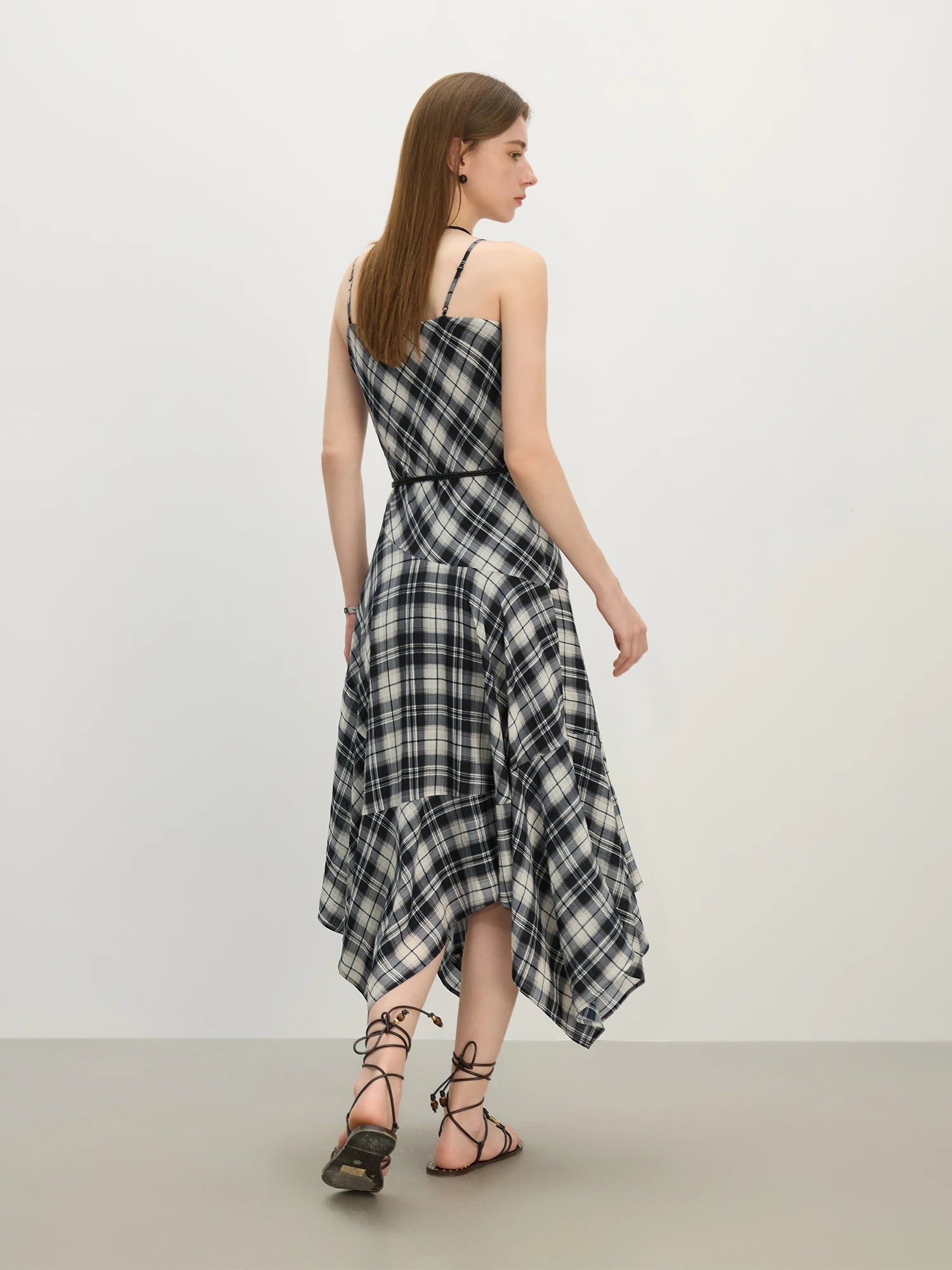 FSLE 2025 Summer Women's Checkered V-Neck Sundress - Asymmetrical Hemline & Free-Flowing Silhouette