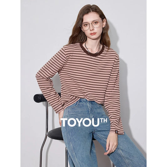 TOYOUTH Women Undercover 2024 Autumn Winter New Vintage Striped Round Neck Long Sleeve Warm T-shirt