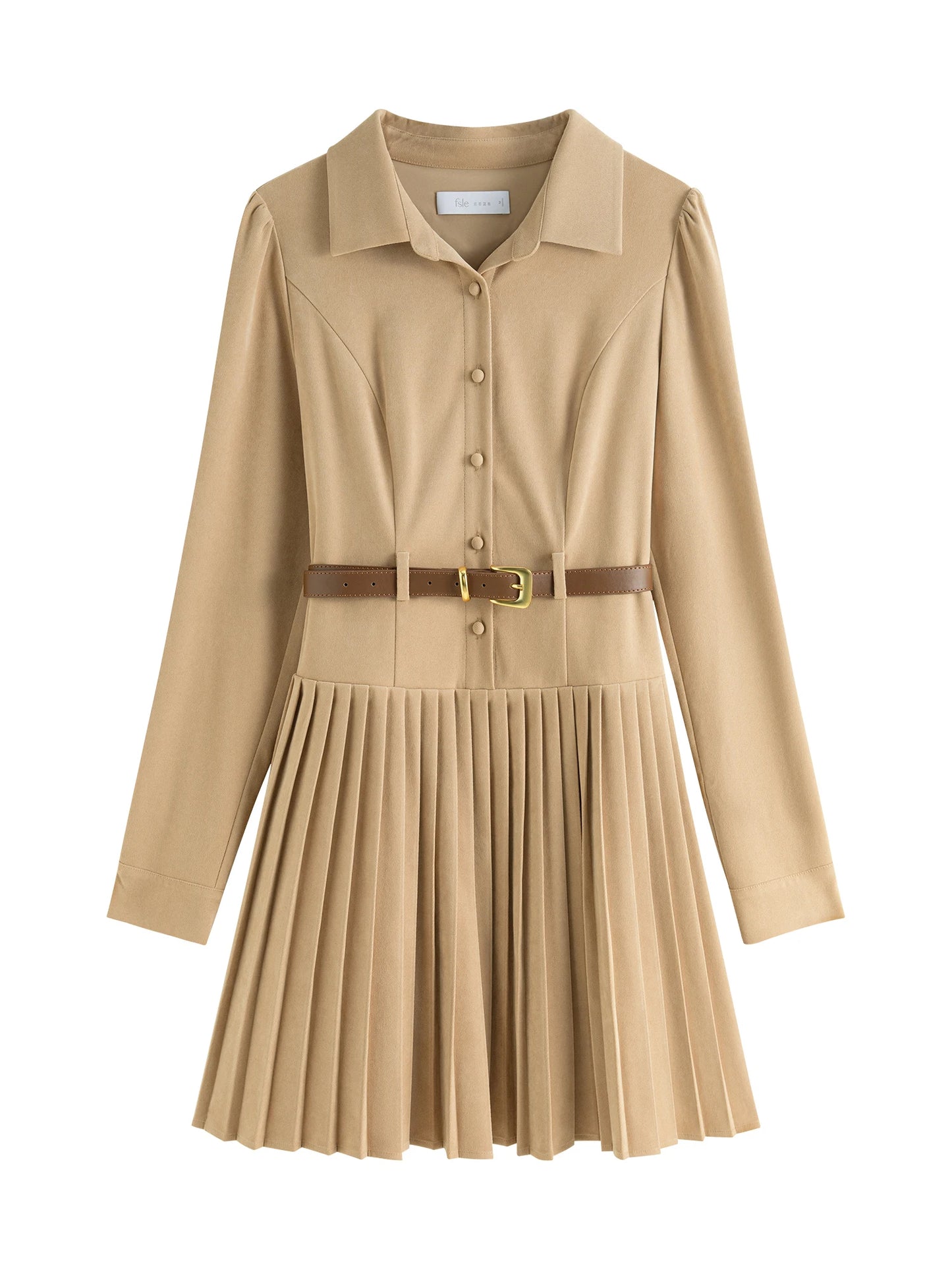 FSLE Women Long Sleeve Dress Polo Neck Puff Sleeve Pleated Knee-Length Dresses Office Lady Winter New Khaki Dress 24FS14466