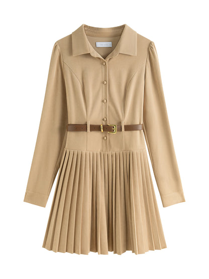 FSLE Women Long Sleeve Dress Polo Neck Puff Sleeve Pleated Knee-Length Dresses Office Lady Winter New Khaki Dress 24FS14466