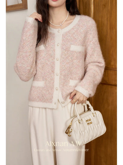 ALXNAN Women's Languid Knitted Cardigan 2024 Autumn Winter Light Pink O-neck Pearl Button Warm Soft Commuter Tops Female L50220