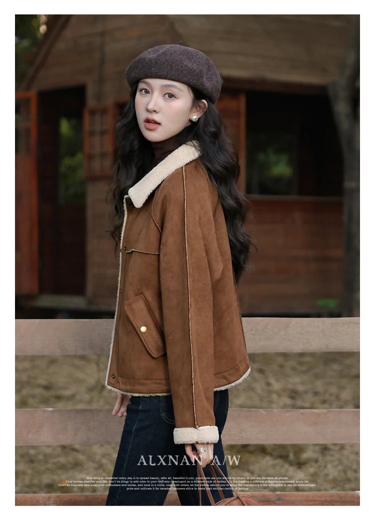 ALXNAN Lamb Wool Coat Female 2024 Autumn Winter New Maillard Spliced Lapel Collar Single Breasted Straight Jacket L330203