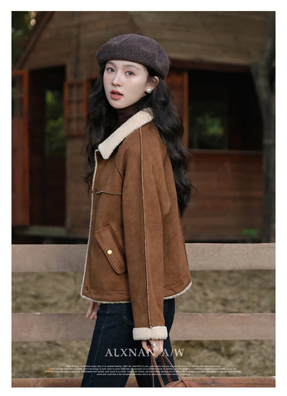 ALXNAN Lamb Wool Coat Female 2024 Autumn Winter New Maillard Spliced Lapel Collar Single Breasted Straight Jacket L330203