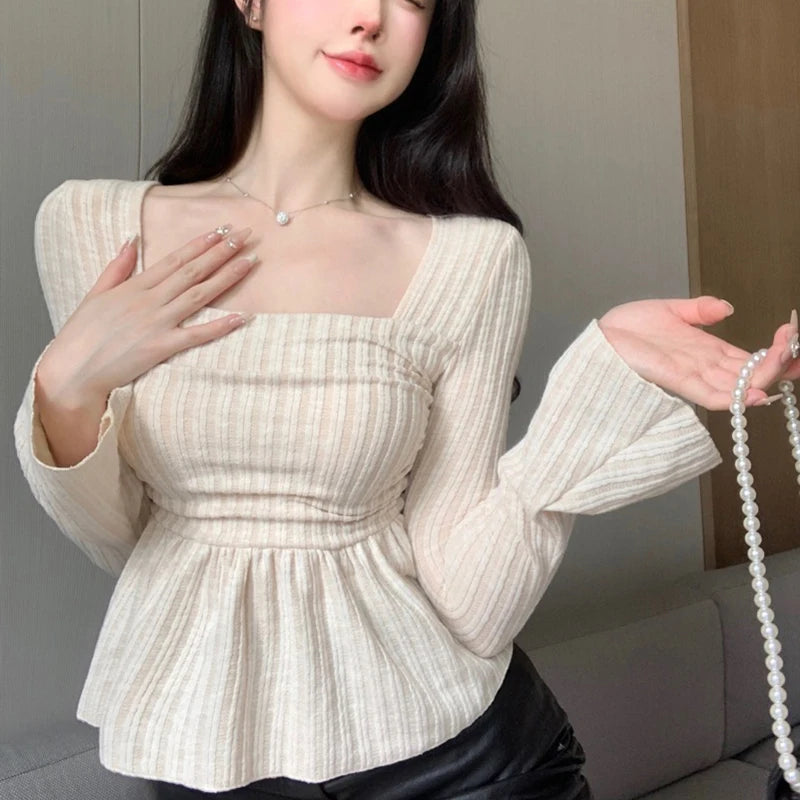 Autumn Sweet Women Shirts Korean Knitted Folds Slim Female Blouse Fashion New Square Collar Flare Long Sleeve Ladies Crop Tops