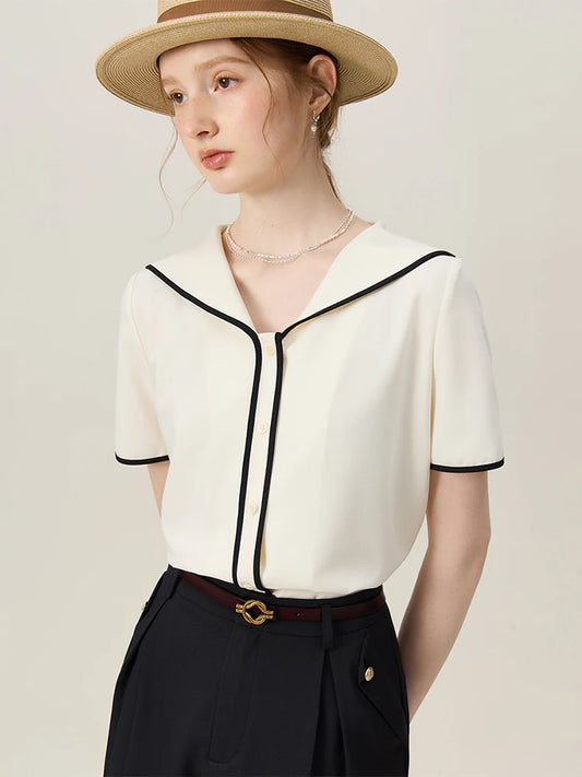 FSLE Navy Collar Contrasting Color Design Women Summer Beige Short Sleeve Blouses Casual Single Breasted Loose Tops 24FS12209